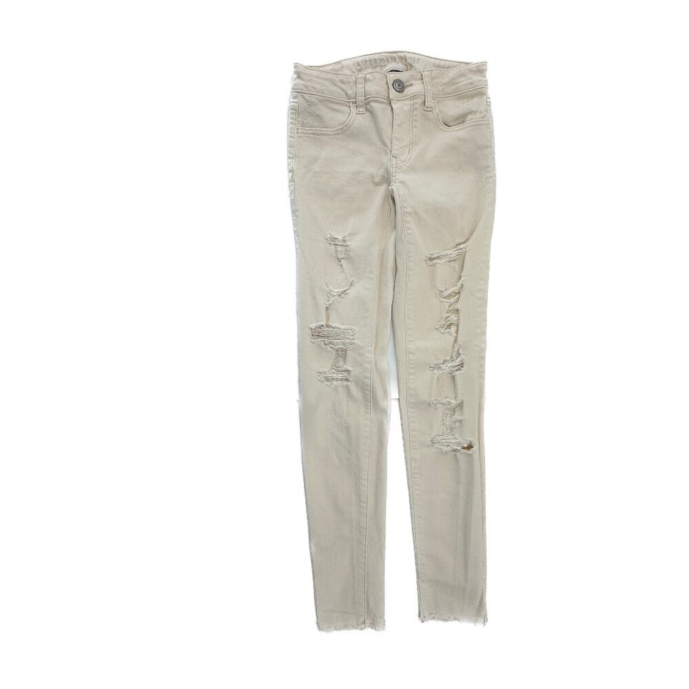 American Eagle Jegging Women 00 Cream Distressed Raw‎ Hem Denim Jeans